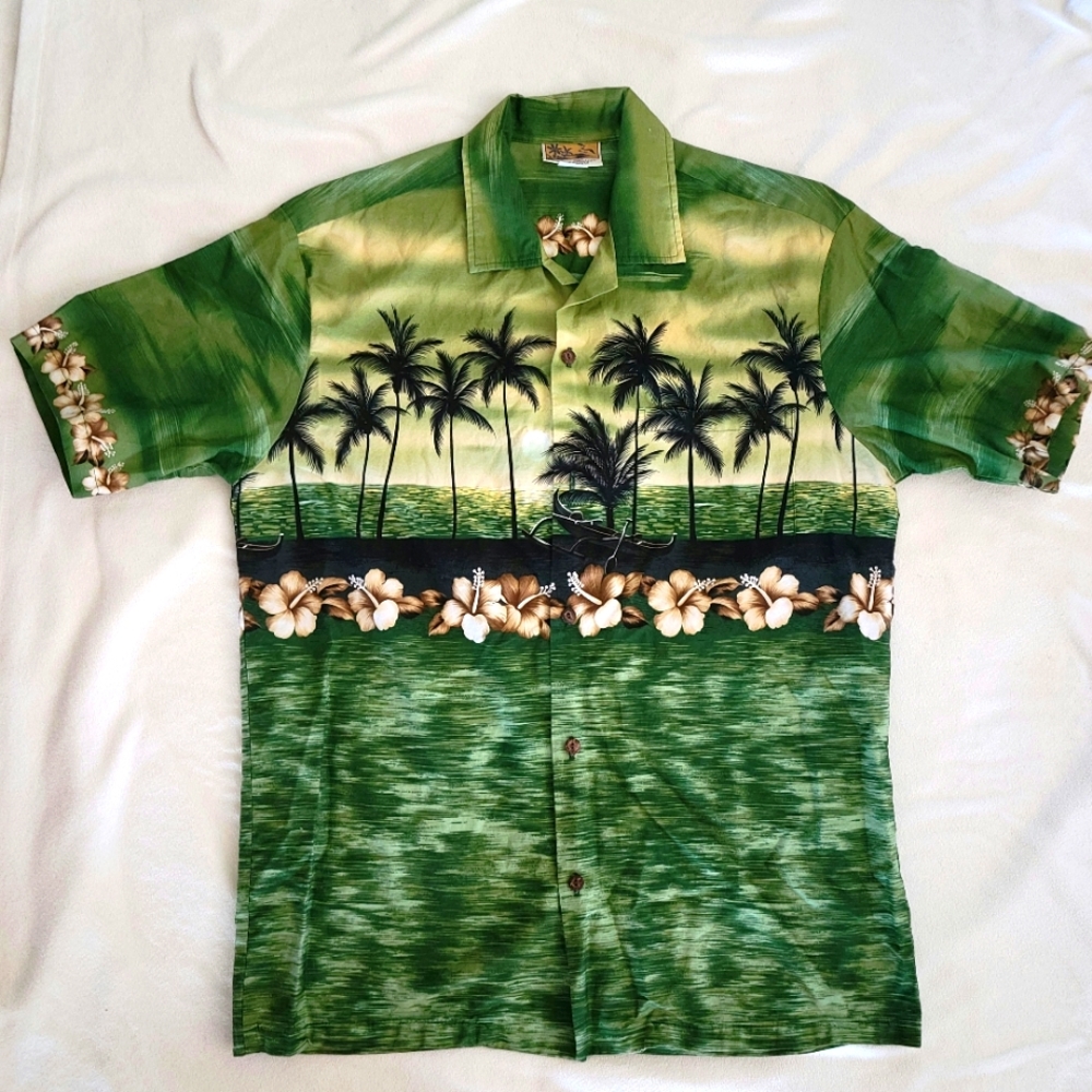 Winnie Fashion Men's Hawaiian Shirt 100% Cotton Green Paradise Print Size Large.